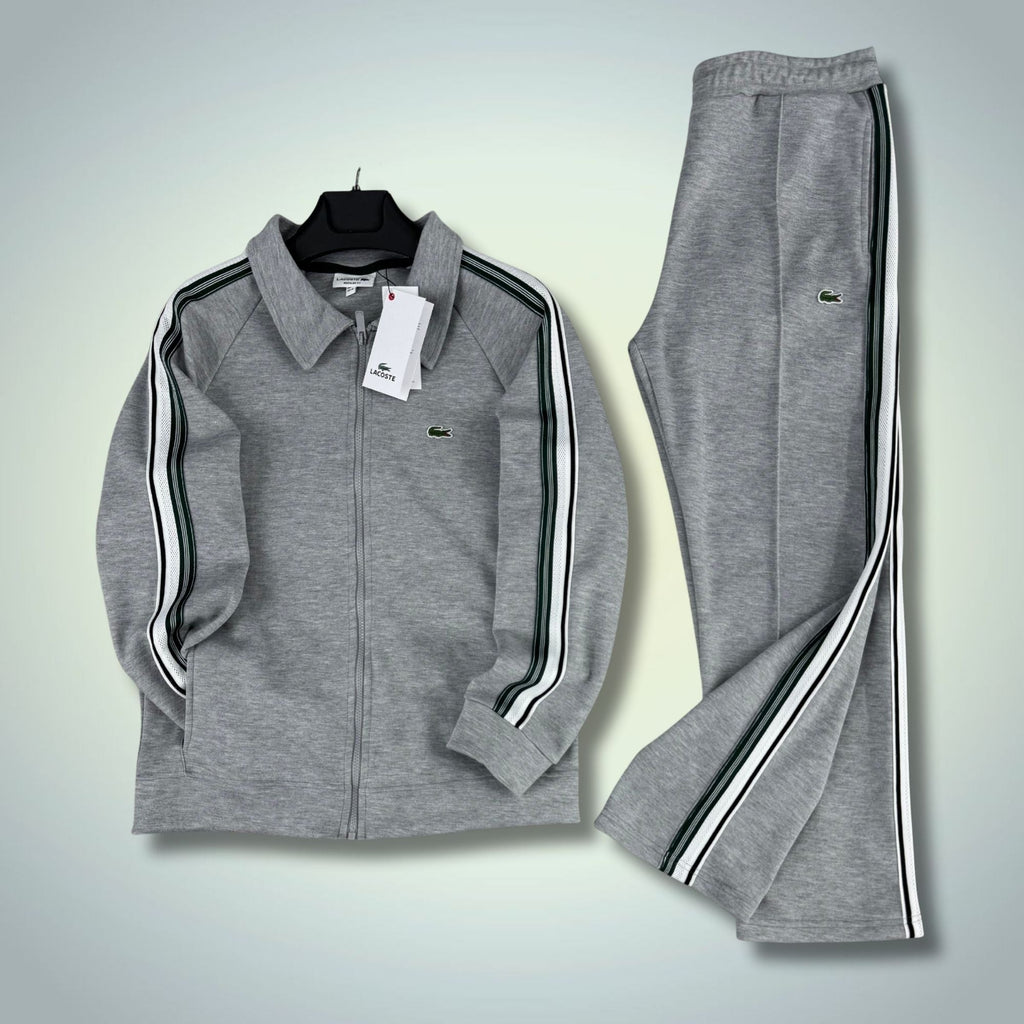 Pánska tepláková súprava Lacoste, klasická sivá s pruhom, model 2026, prémiová kvalita