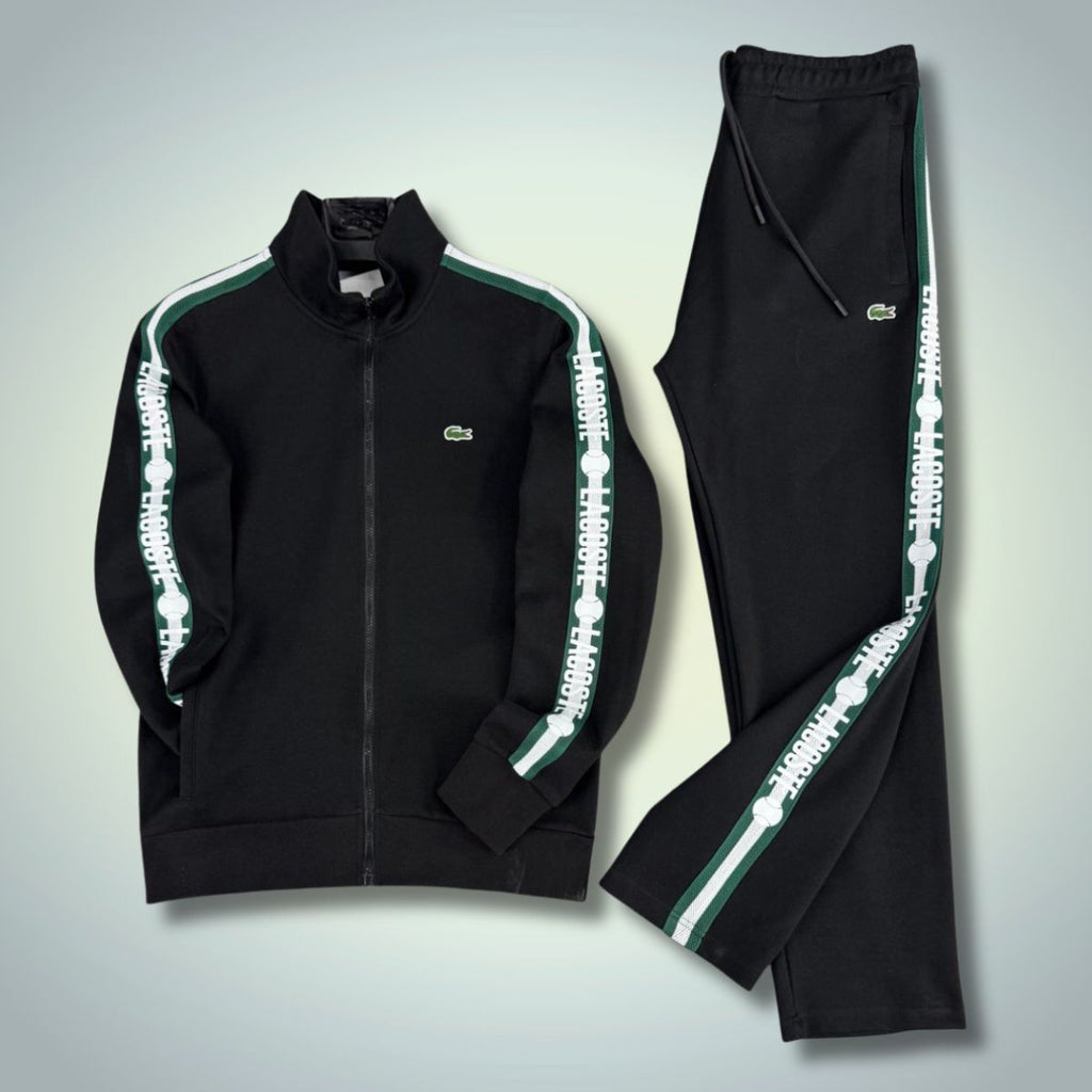 Pánska tepláková súprava Lacoste, tenisové pruhy, čierna. Prémiová kvalita