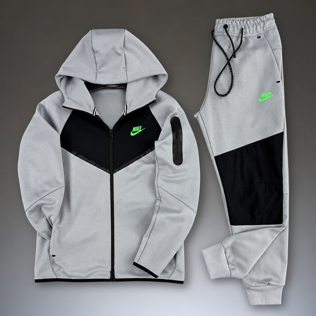 Nike Tech Fleece pánska športová súprava, sivá - čierna, zelené logo. Model 2024. Prémiová kvalita