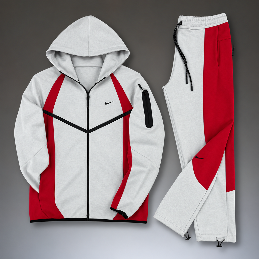 Nike Tech Fleece pánska športová súprava, svetlosivá - červená. Model 2026. Prémiová kvalita