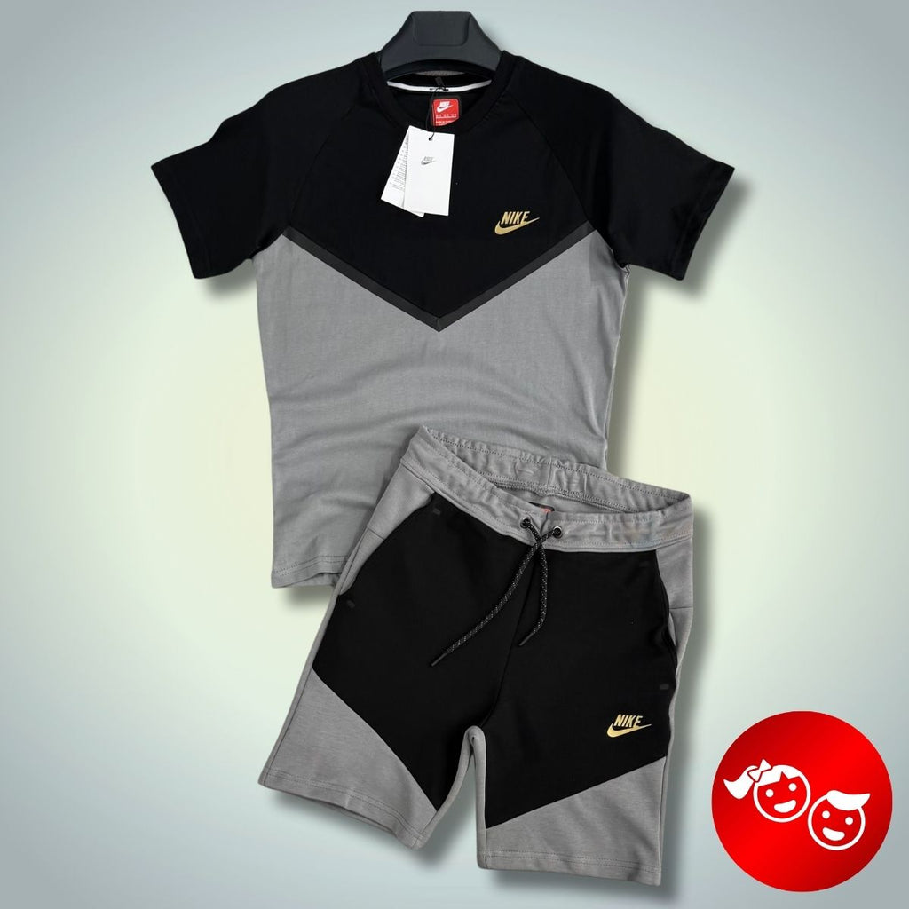 Nike Tech Fleece detský set so šortkami, čierno-sivý, zlaté logo. Prémiová kvalita