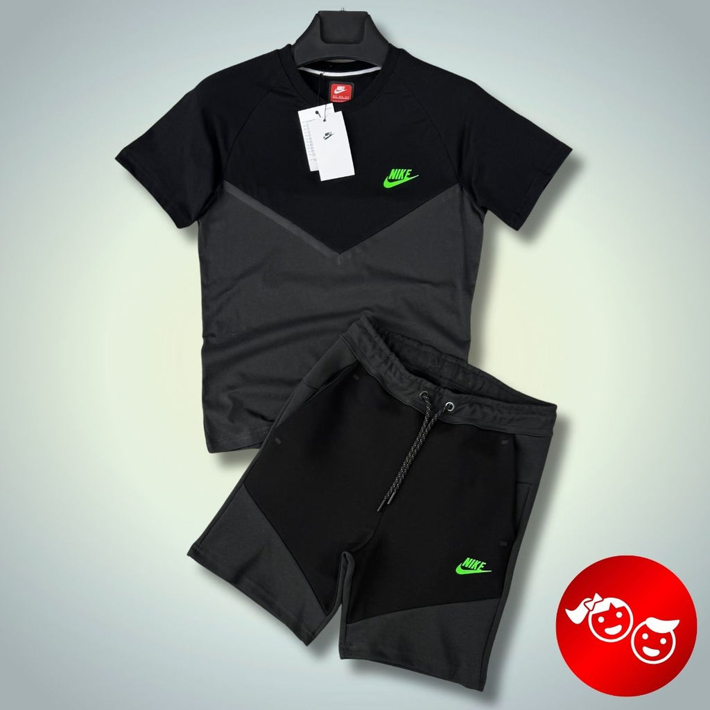 Nike Tech Fleece detský set so šortkami, grafitovo-čierny, neónové logo. Prémiová kvalita