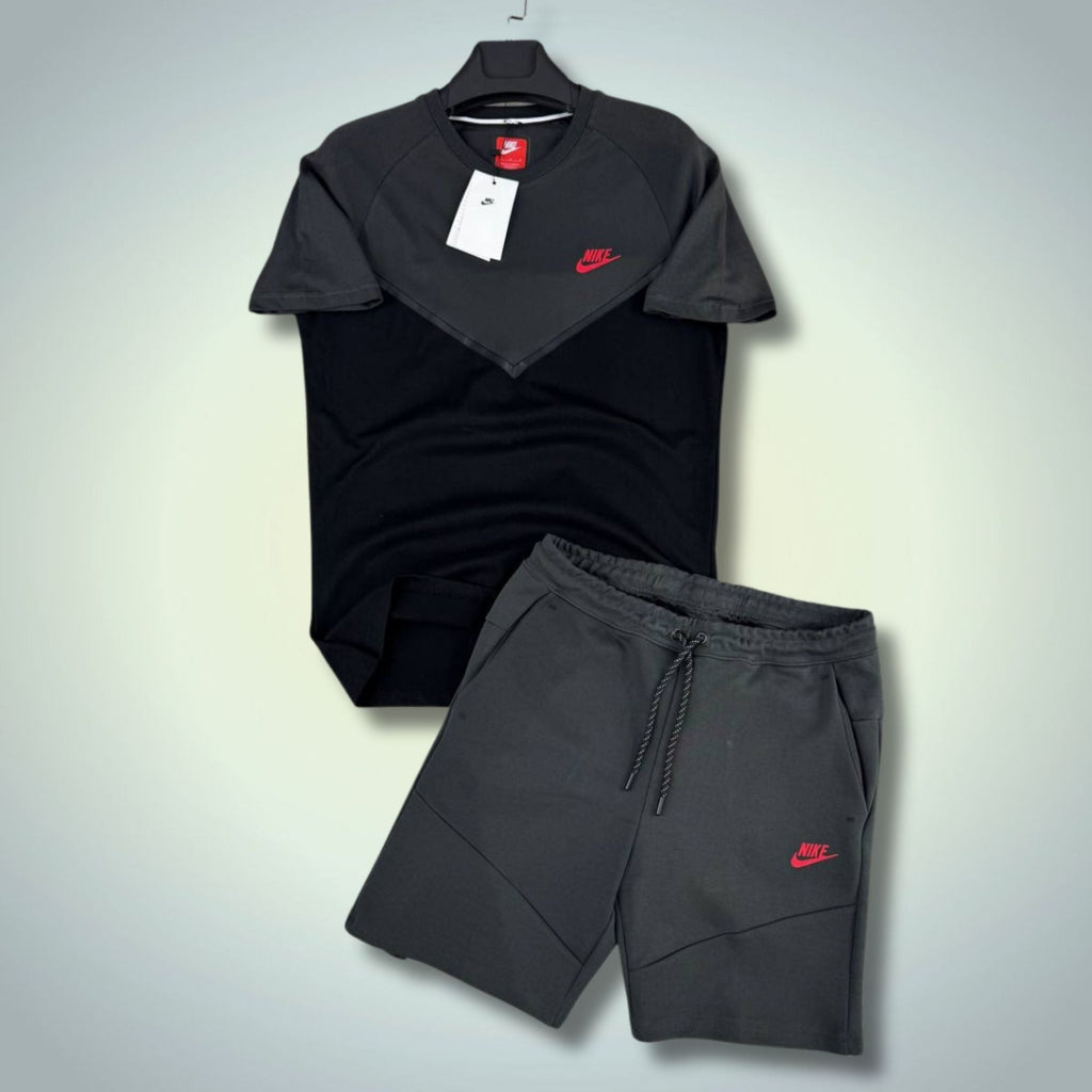 Nike Tech Fleece pánska krátka športová súprava, grafitovo-čierna, červené logo. Premium kvalita