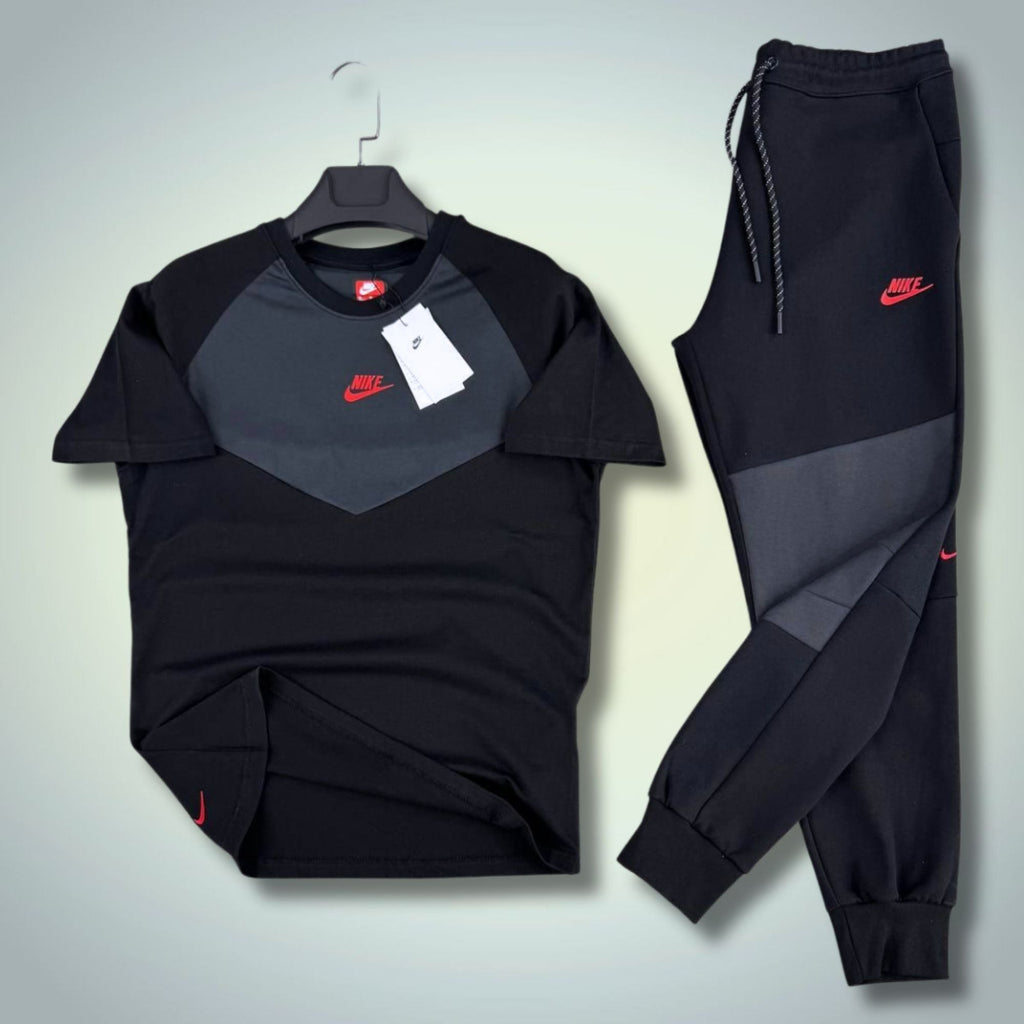 Nike Tech Fleece pánsky letný športový set, čierno-grafitový, červené logo. 2026. Premium kvalita