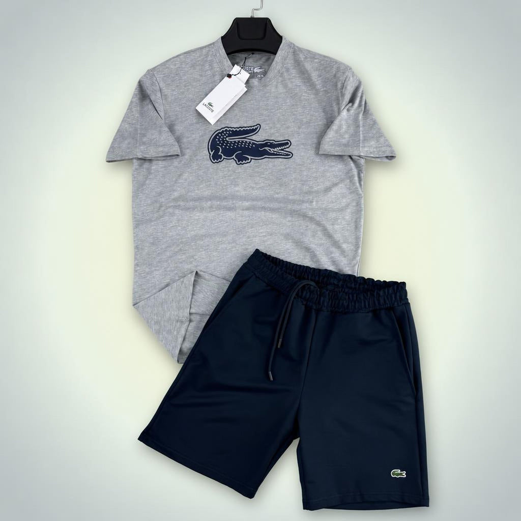 Lacoste Big Logo pánska krátka športová súprava, klasická sivo-tmavomodrá. Premium kvalita
