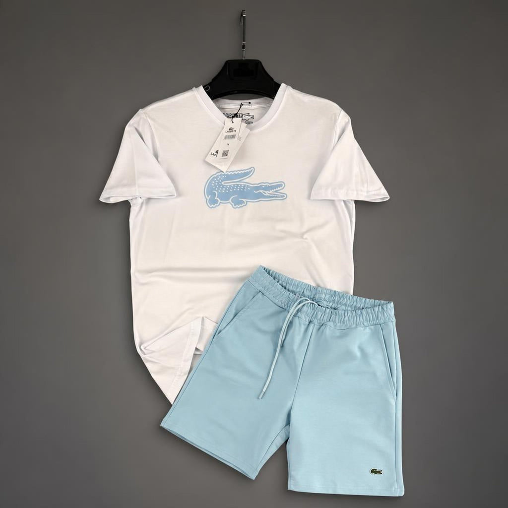 Lacoste Big Logo pánska krátka športová súprava, bielo-svetlomodrá. Premium kvalita