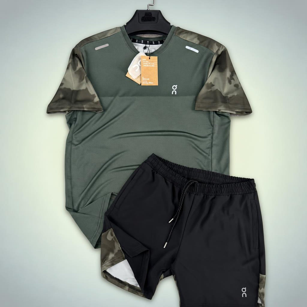 ON Military pattern pánska krátka športová súprava, zelená s čiernym pruhom loga. Premium kvalita