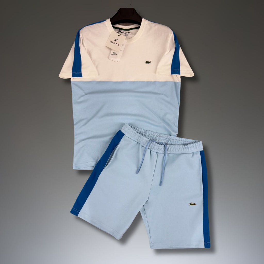 Lacoste pánsky set so šortkami, Biela - Svetlomodrá - Tmavomodrá. Prémiová kvalita