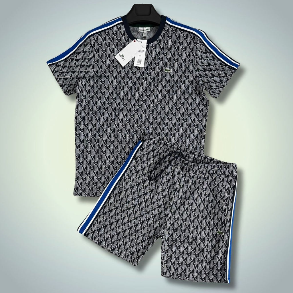 Lacoste pánska súprava so šortkami, Jacquard, čiernobiela, modrý pruh. Prémiová kvalita