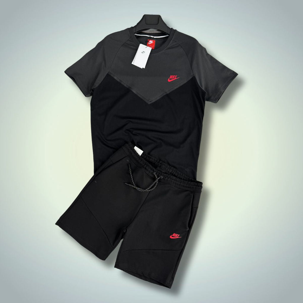 Pánska súprava Nike Tech Fleece so šortkami, čierna - grafitová, červené logo. Prémiová kvalita
