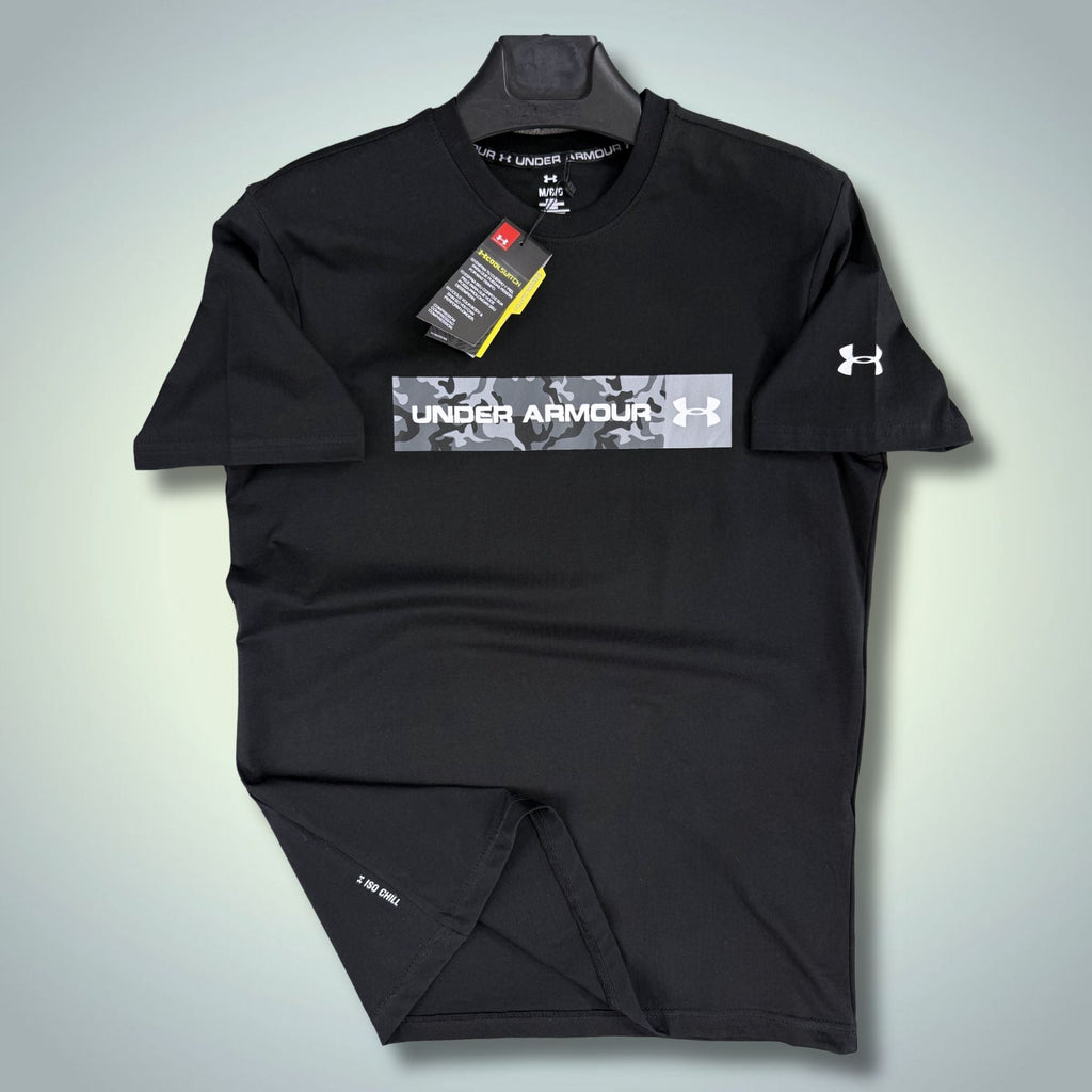 Pánske čierne tričko Under Armour, kamuflážové logo. Premium kvalita
