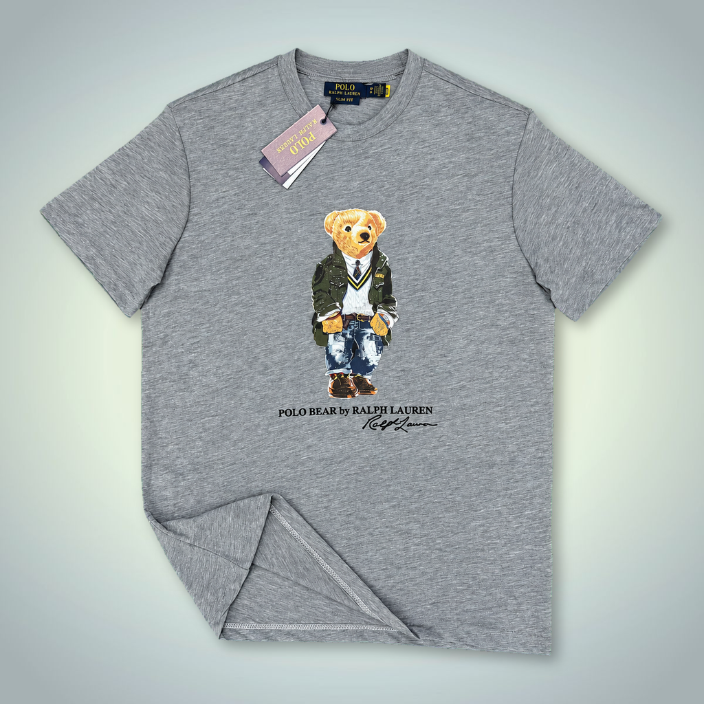 Ralph Lauren pánske tričko, potlač medvedík v uniforme, klasické sivé. Prémiová kvalita
