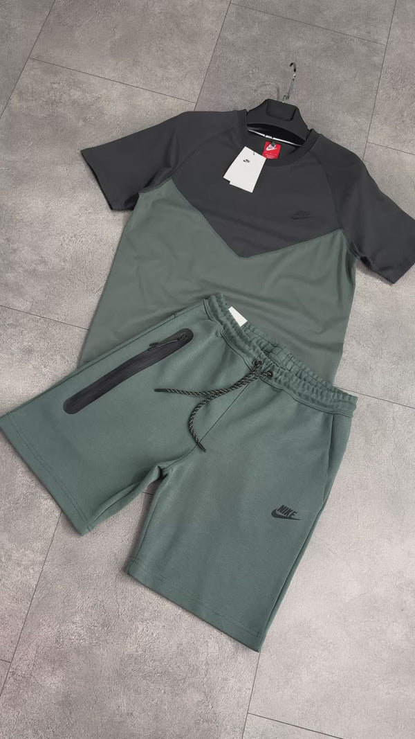 Pánska súprava Nike Tech Fleece so šortkami, šalviovo zelená - grafitová. Prémiová kvalita