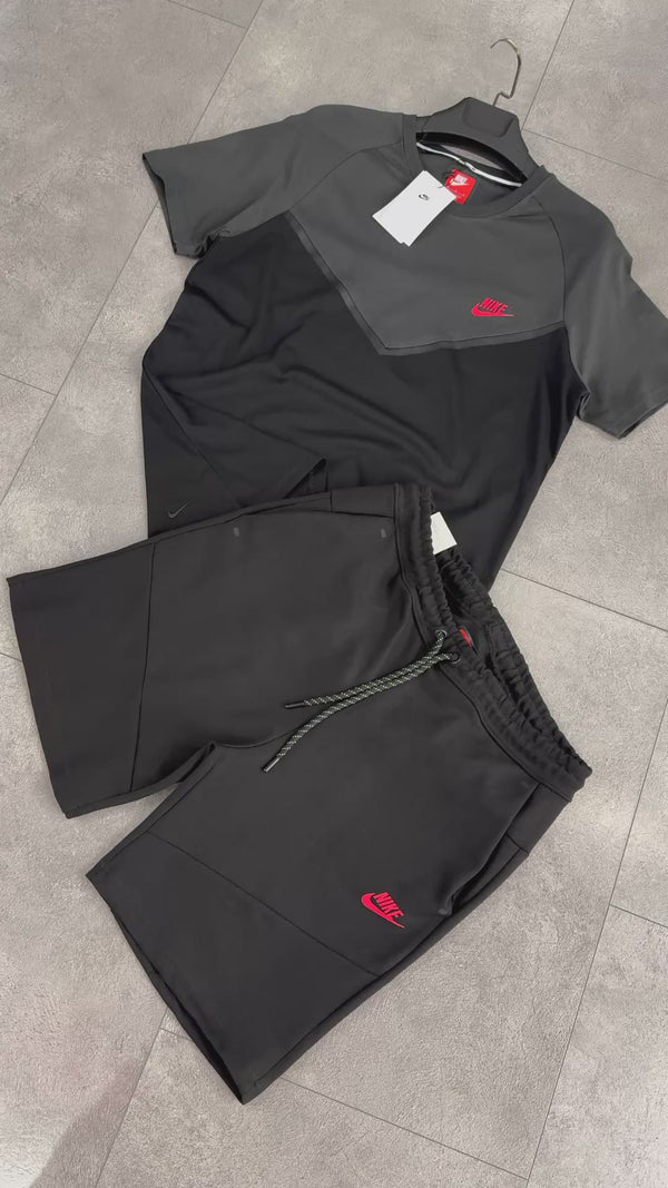 Pánska súprava Nike Tech Fleece so šortkami, čierna - grafitová, červené logo. Prémiová kvalita